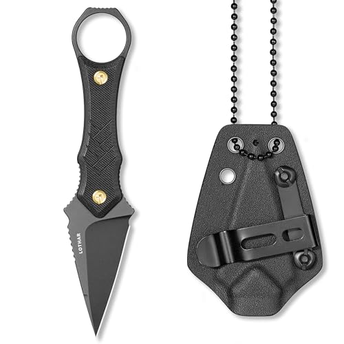 LOTHAR PORCUPINE 14C28N Stahl Neck Knife Messer,42A Fulltang Kleines Feststehendes Messer mit G10 Griff, Outdoor Messer mit Kydex Scheide und Gürtelclip (Schwarze Klinge) von LOTHAR