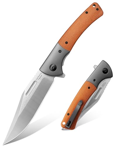 LOTHAR PTEROSAUR Klappmesser, D2 Stahl Einhandmesser mit Micarta Griff, Taschenmesser mit Gürtelclip, Outdoor Messer, Geeignet für Sammlung (Gelbbraun) von LOTHAR