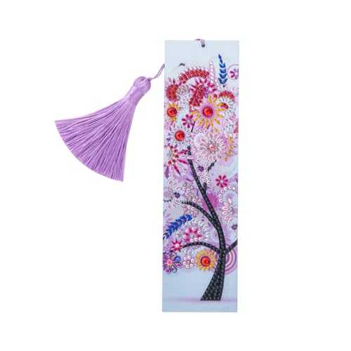 LOTOWELZON Diamant Malerei Lesezeichen, Special Shaped Diamond Pasted Painting Bookmark, Malen Nach Zahlen Kit, Diamant Stickerei Malerei Quaste Leder Lesezeichen Set (Rosa Baum) von LOTOWELZON