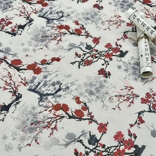 LOUKEKE (100 x 150 cm) Verschlüsselter Stoff aus Baumwollleinen im Retro-Stil mit chinesischer Tinte für dekorative Stoffe, Tischdecken, Vorhänge, handgefertigter DIY-Stoff von LOUKEKE