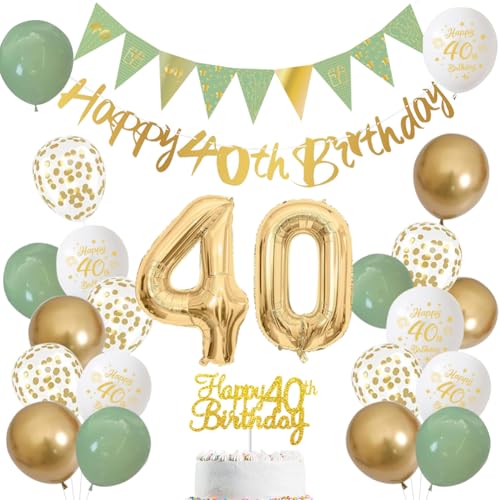 40 Jahre Geburtstag Dekoration für Männer und Frauen – Salbeigrün, Weiß und Gold Luftballons mit ‚Happy Birthday‘-Banner, Zahl 40 Ballon und Tortenaufleger für 40 Jahre Geburtstagsfeier-Deko (40) von LOVECENTRAL