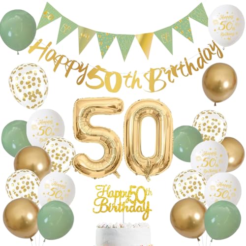 50 Jahre Geburtstag Dekoration für Männer und Frauen – Salbeigrün, Weiß und Gold Luftballons mit ‚Happy Birthday‘-Banner, Zahl 50 Ballon und Tortenaufleger für 50 Jahre Geburtstagsfeier-Deko (50) von LOVECENTRAL