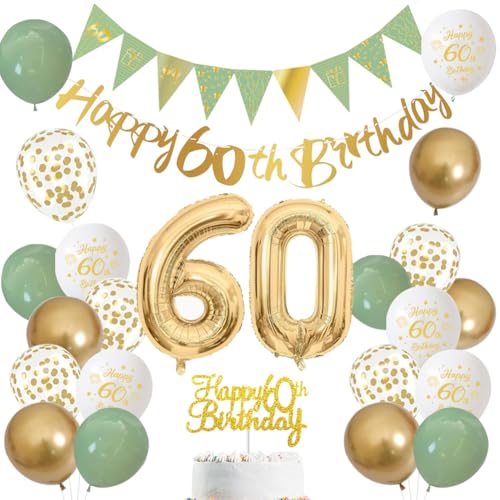 60 Jahre Geburtstag Dekoration für Männer und Frauen – Salbeigrün, Weiß und Gold Luftballons mit ‚Happy Birthday‘-Banner, Zahl 60 Ballon und Tortenaufleger für 60 Jahre Geburtstagsfeier-Deko (60) von LOVECENTRAL
