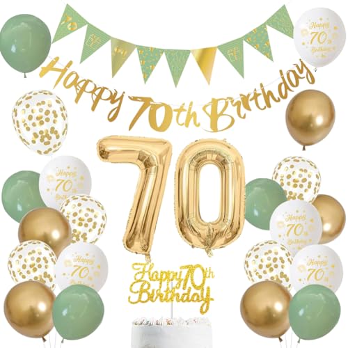 70 Jahre Geburtstag Dekoration für Männer und Frauen – Salbeigrün, Weiß und Gold Luftballons mit ‚Happy Birthday‘-Banner, Zahl 70 Ballon und Tortenaufleger für 70 Jahre Geburtstagsfeier-Deko (70) von LOVECENTRAL