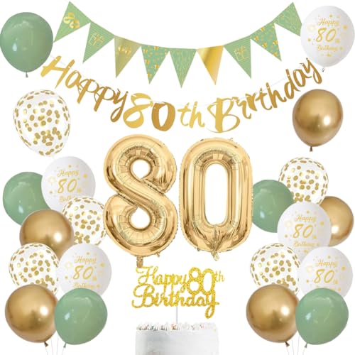 80 Jahre Geburtstag Dekoration für Männer und Frauen – Salbeigrün, Weiß und Gold Luftballons mit ‚Happy Birthday‘-Banner, Zahl 80 Ballon und Tortenaufleger für 80 Jahre Geburtstagsfeier-Deko (80) von LOVECENTRAL