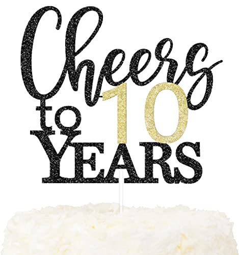 LOVENJOY Cheers to 10 Years Cake Topper Hallo 10. Geburtstag Tortendeko für Happy 10th Birthday Hochzeitstag Party Kuchen Dekoration, Zweiseitiger Glitzer Schwarz und Gold von LOVENJOY