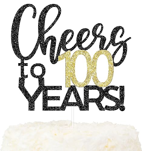 LOVENJOY Cheers to 100 Years Cake Topper Hallo 100. Geburtstag Tortendeko für Happy 100th Birthday Hochzeitstag Party Kuchen Dekoration, Zweiseitiger Glitzer Schwarz und Gold von LOVENJOY