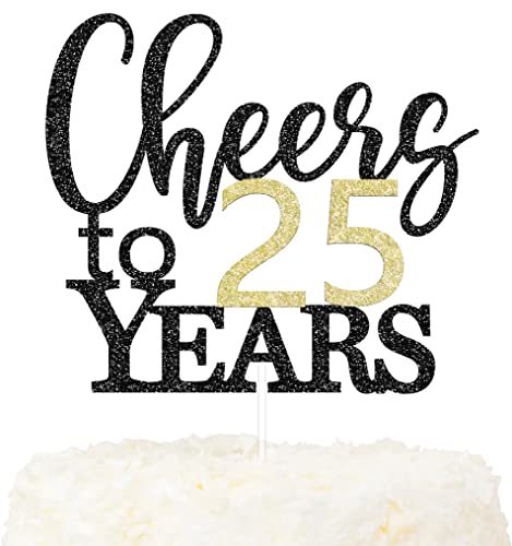 LOVENJOY Cheers to 25 Years Cake Topper Hallo 25. Geburtstag Tortendeko für Happy 25th Birthday Hochzeitstag Party Kuchen Dekoration, Zweiseitiger Glitzer Schwarz und Gold von LOVENJOY