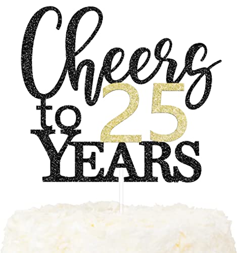 LOVENJOY Cheers to 25 Years Cake Topper Hallo 25. Geburtstag Tortendeko für Happy 25th Birthday Hochzeitstag Party Kuchen Dekoration, Zweiseitiger Glitzer Schwarz und Gold von LOVENJOY