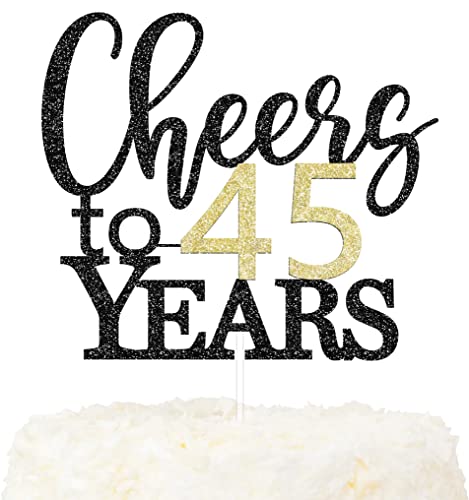 LOVENJOY Cheers to 45 Years Cake Topper Hallo 45. Geburtstag Tortendeko für Happy 45th Birthday Hochzeitstag Party Kuchen Dekoration, Zweiseitiger Glitzer Schwarz und Gold von LOVENJOY