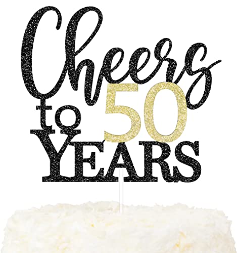 LOVENJOY Cheers to 50 Years Cake Topper Hallo 50. Geburtstag Tortendeko für Happy 50th Birthday Hochzeitstag Party Kuchen Dekoration, Zweiseitiger Glitzer Schwarz und Gold von LOVENJOY