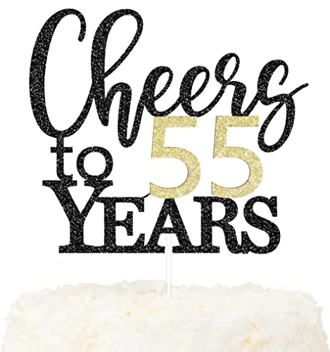 LOVENJOY Cheers to 55 Years Cake Topper Hallo 55. Geburtstag Tortendeko für Happy 55th Birthday Hochzeitstag Party Kuchen Dekoration, Zweiseitiger Glitzer Schwarz und Gold von LOVENJOY