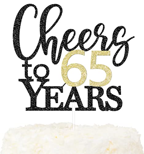 LOVENJOY Cheers to 65 Years Cake Topper Hallo 65. Geburtstag Tortendeko für Happy 65th Birthday Hochzeitstag Party Kuchen Dekoration, Zweiseitiger Glitzer Schwarz und Gold von LOVENJOY