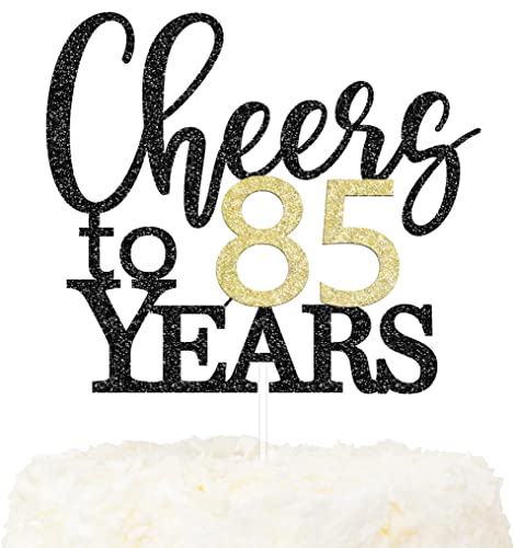 LOVENJOY Cheers to 85 Years Cake Topper Hallo 85. Geburtstag Tortendeko für Happy 85th Birthday Party Kuchen Dekoration, Zweiseitiger Glitzer Schwarz und Gold von LOVENJOY