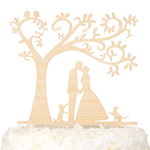 LOVENJOY Hochzeitstorte Topper Rustikal Holz Braut und Bräutigam mit Zwei Katzen Tortendeko Hochzeit Deko, Geschenkbox von LOVENJOY