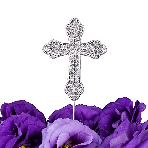 LOVENJOY Kreuz Kuchen Topper Silber Strass Kristall Tortenaufleger Taufe Tortendeko für Hochzeit Religiöse Erstkommunion Konfirmation (2.2-inch wide) von LOVENJOY