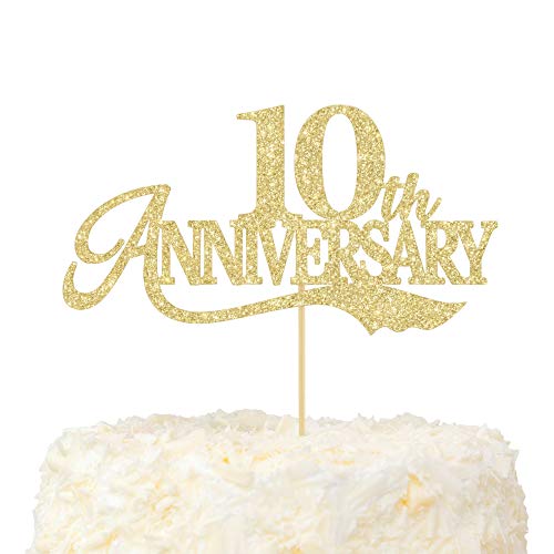 LOVENJOY Tortenaufsatz zum 10. Hochzeitstag Gold Glitter "Happy 10th Anniversary" Tortendeko für 10 Jahrestag Party Cake Dekoration von LOVENJOY