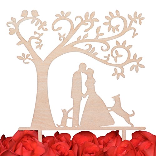 LOVENJOY Tortendeko Hochzeit Cake Topper Holz Küssen Brautpaar mit Hund und Katze für Hochzeitstorte Deko, Geschenkbox von LOVENJOY