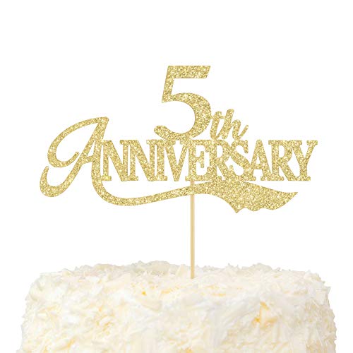 OVENJOY Tortenaufsatz zum 5. Hochzeitstag Gold Glitter Happy 5th Anniversary Tortendeko für 5 Jahrestag Party Cake Dekoration von LOVENJOY