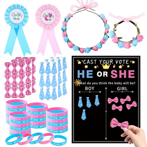 Gender Reveal Party Deko Set 83 PCS, Gender Reveal Spiele, Gender Reveal Decorations mit Boy or Girl Armbänder, Abstimmung Poster, Blumenkopfschmuck, Blumenarmband, Offenbaren Stickers, Abzeichen Gender Reveal Party Deko Set 83 PCS, Gender Reveal Spiele, Gender Reveal Decorations mit Boy or Girl Armbänder, Abstimmung Poster, Blumenkopfschmuck, Blumenarmband, Offenbaren Stickers, Abzeichen von LOVEXIU