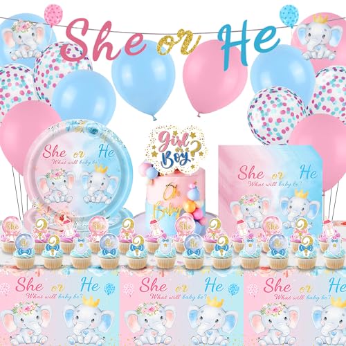 Gender Reveal Party Deko Set, Elefant Partygeschirr Set 75 PCS, Party Geschirr Boy or Girl mit Banner, Luftballons, 7 Zoll Pappteller, Servietten, Tischdecke, Tortendeko für Baby Shower Party von LOVEXIU