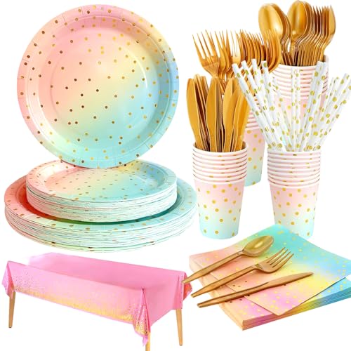 Partygeschirr Kindergeburtstag, Regenbogen Partyzubehör Pappteller Set, Wiederverwendbar Papier Geschirr Set mit Teller Becher Servietten Strohhalme Holz Gabellöffel (A) von LOVICVKEM