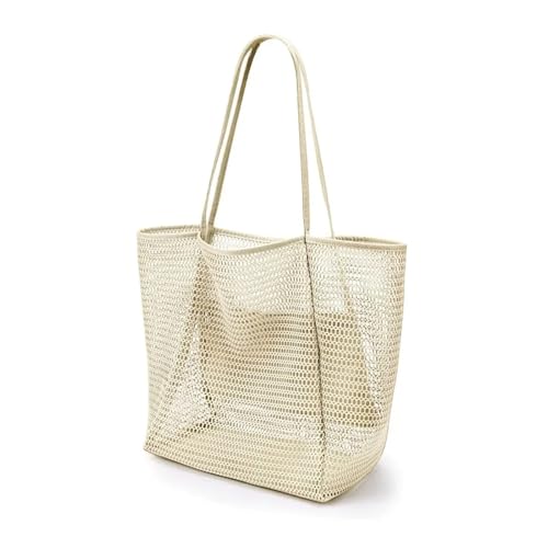 LOVSSU Mesh UmhäNgetasche Packbare Strandtasche for Damen, Sommer-Reisetasche aus Netzstoff mit großer Innentasche, gewebte Schulterhandtasche for Mesh(Beige) von LOVSSU