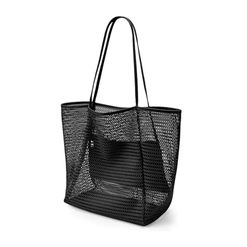 LOVSSU Mesh UmhäNgetasche Packbare Strandtasche for Damen, Sommer-Reisetasche aus Netzstoff mit großer Innentasche, gewebte Schulterhandtasche for Mesh(Black) von LOVSSU