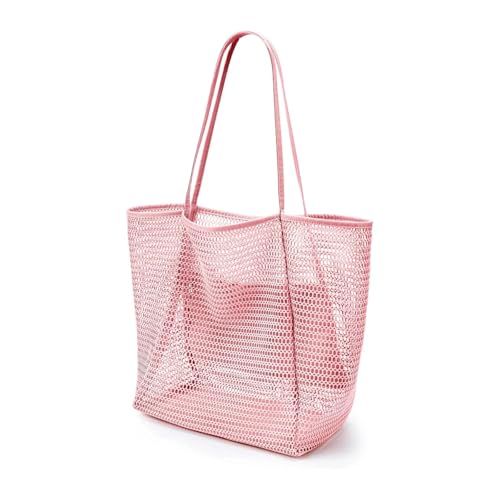 LOVSSU Mesh UmhäNgetasche Sommer-Strandtasche, ausgehöhlte Schultertasche for Damen, Faltbare Schwimmtasche aus Netzstoff mit großer Kapazität und Einkaufstasche for Mesh(Pink) von LOVSSU