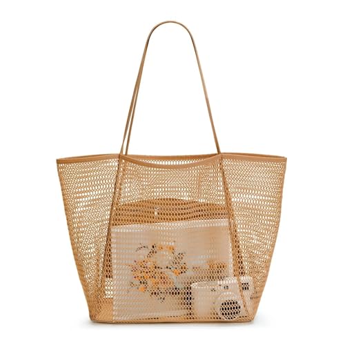 LOVSSU Mesh UmhäNgetasche Strandtasche aus Netzstoff, eine Schultertasche, for Männer und Frauen, for Mitnehmen von Toiletten- und Badeanzug-Aufbewahrungstaschen for Mesh(Khaki) von LOVSSU