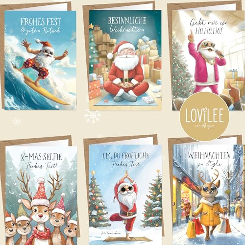 LOViLEE® 10x Weihnachtskarten inkl. extra Umschläge & Sticker im Geschenkset - hochwertige Klappkarten zu Weihnachten - Weihnachtskarten mit Umschlag Set in premium Qualität - Cartoon Aquarell von LOViLEE