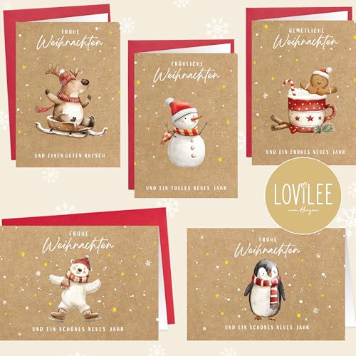 LOViLEE® 10x Weihnachtskarten inkl. extra Umschläge & Sticker im Geschenkset - hochwertige Klappkarten zu Weihnachten - Weihnachtskarten mit Umschlag Set in premium Qualität - Kraftpapier Aquarell von LOViLEE