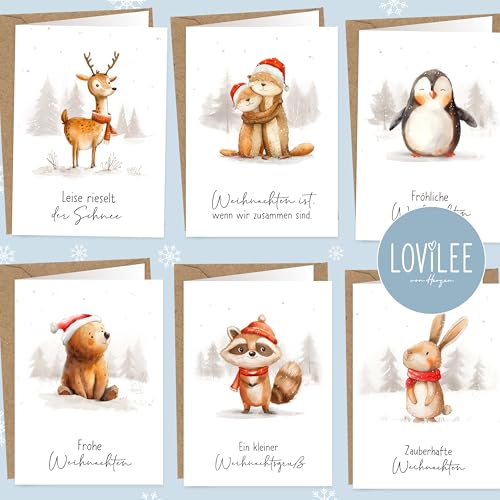 LOViLEE® Weihnachtskarten inkl. extra Umschläge & Sticker im 10er Geschenkset - hochwertige Klappkarten zu Weihnachten - Weihnachtskarten mit Umschlag Set - Schneetiere Aquarell von LOViLEE