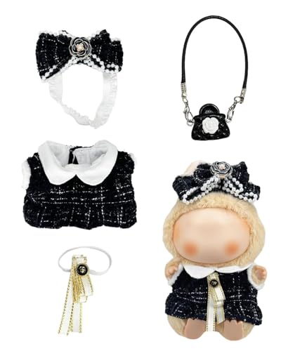 LOZTBUE 1PCS 17 cm Kleidung Kompatibel mit Laabubu Puppen, 17 cm Schwarze Puppenkleidung Zubehör mit Kleid Tasche Schleife Haarspange,Jungen und Mädchen (Puppe) von LOZTBUE