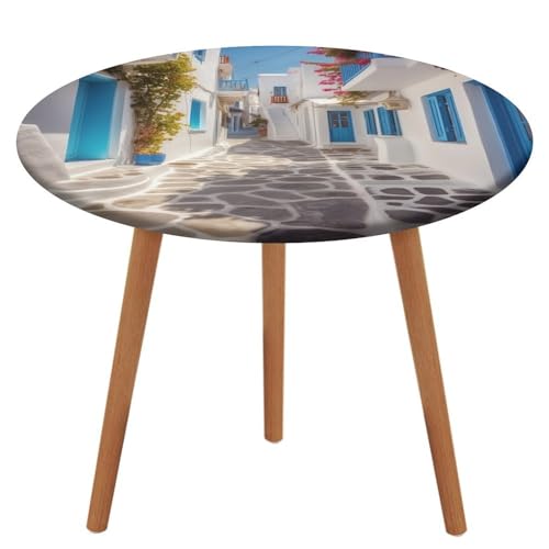 LPAGBCNU Runde Tischdecke, elastisch, wasserdicht, Griechenland, Straßentischdecke, wasserdicht und schmutzabweisend, geeignet für Picknickpartys im Innen- und Außenbereich, Durchmesser 120 cm von LPAGBCNU