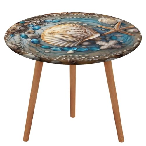 LPAGBCNU Runde Tischdecke, elastisch, wasserdicht, Meeresmuschel-Kunst-Tischdecke, wasserdicht und schmutzabweisend, geeignet für Picknick-Partys im Innen- und Außenbereich, Durchmesser: 130 cm von LPAGBCNU