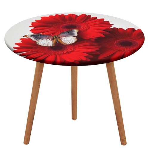 LPAGBCNU Runde Tischdecke, elastisch, wasserdicht, rote Blume und Schmetterlinge, wasserdicht und schmutzabweisend, geeignet für Picknickpartys im Innen- und Außenbereich, Durchmesser: 110 cm von LPAGBCNU