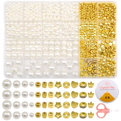 LPEPLL Schmuckperlen Set 986 Stück, DIY Perlen für Armbänder und Ketten, 5 Größen Rundperlen & 8 Arten Gold Spacer Perlen, mit Aufbewahrungsbox, Kristallfaden & Cutter von LPEPLL
