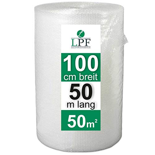 LPF dieLUFTPOLSTERFOLIE Luftpolsterfolie 100cm x 50m Verpackungsfolie Blisterfolie Noppenfolie Polsterfolie Umzug 1m Knallfolie Polstermaterial Versand Transparent Umzugfolie bubble wrap von LPF dieLUFTPOLSTERFOLIE