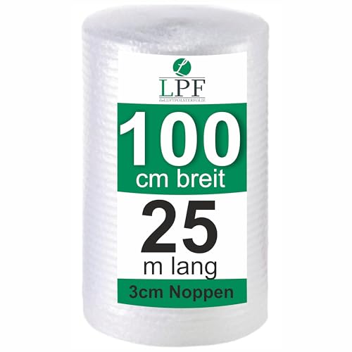 Luftpolsterfolie 100 cm x 25 m 100 my große Noppen Noppenfolie Verpackungsfolie Rolle Blisterfolie Umzug 1m Knallfolie Polstermaterial Transparent von LPF dieLUFTPOLSTERFOLIE