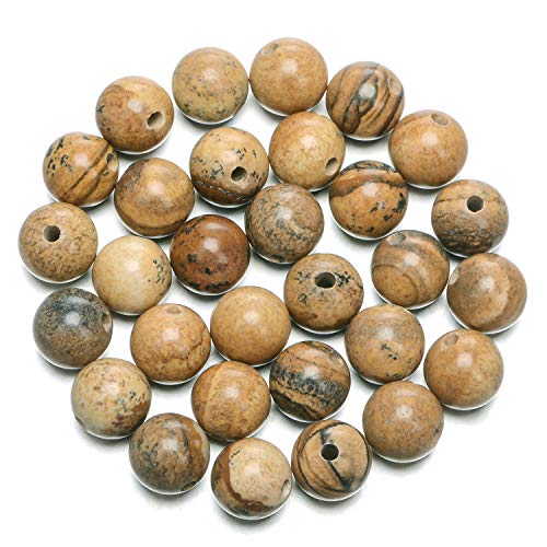 Natürliche runde Edelsteinperlen, natürlicher Edelstein, 10 mm, runde lose Perlen, großes Loch, 2 mm, Größe 30 Stück (Amethyst)(Picture Jasper) von LPLPL
