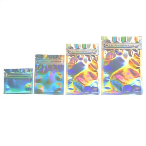 100 Stück bunte Beutel mit Reißverschluss oben, Mylar-Aluminiumfolie, Teebeutel, Lebensmittelaufbewahrungsbeutel (volle Hologramme, 100 Stück, 7,5 x 10 cm) von LPNGTNG