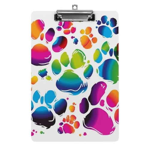Buntes Klemmbrett mit Hundepfotenabdruck, A4-Größe, Acryl-Klemmbrett, dekorative Standard-Klemmbretter mit Edelstahl-Aufhängeloch, tragbarer Dokumenten-Organizer für Bürobedarf, Heimgebrauch von LPSADGF