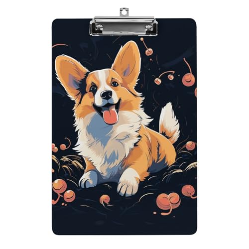 Corgi Klemmbrett mit Hund auf dunklem Hintergrund, A4-Größe, Acryl-Klemmbrett, dekorative Standard-Klemmbretter mit Edelstahl-Aufhängeloch, tragbarer Dokumenten-Organizer für Bürobedarf, Heimgebrauch von LPSADGF