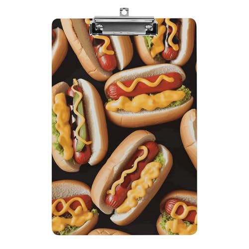Fun Food Hot Dogs Klemmbrett, A4-Größe, Acryl-Klemmbrett, dekorative Standard-Klemmbretter mit Edelstahl-Aufhängeloch, tragbarer Dokumenten-Organizer für Bürobedarf, Heimgebrauch von LPSADGF
