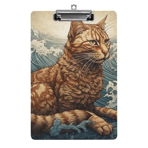 Klemmbrett Katze in den Wellen, A4-Größe, Acryl-Klemmbrett, dekorative Standard-Klemmbretter mit Edelstahl-Aufhängeloch, tragbarer Dokumenten-Organizer für Bürobedarf, Heimgebrauch von LPSADGF