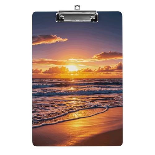 Klemmbrett mit Sonnenuntergang und Wellen, A4-Größe, Acryl-Klemmbrett, dekorative Standard-Klemmbretter mit Edelstahl-Aufhängeloch, tragbarer Dokumenten-Organizer für Bürobedarf, Heimgebrauch von LPSADGF