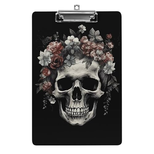Klemmbrett mit Totenkopf in Dunkelheit, A4-Größe, Acryl-Klemmbrett, dekorative Standard-Klemmbretter mit Edelstahl-Aufhängeloch, tragbarer Dokumenten-Organizer für Bürobedarf, Heimgebrauch von LPSADGF