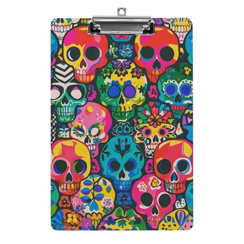 Klemmbrett mit buntem Totenkopf-Druck, A4-Größe, Acryl-Klemmbrett, dekorative Standard-Klemmbretter mit Edelstahl-Aufhängeloch, tragbarer Dokumenten-Organizer für Bürobedarf, Heimgebrauch von LPSADGF