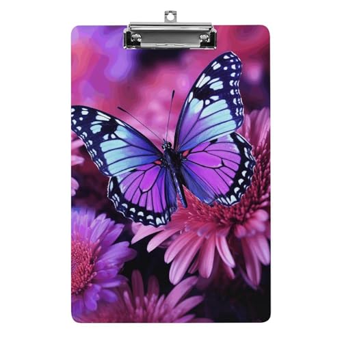 Lila Schmetterlings- und Blumen-Klemmbrett, A4-Größe, Acryl-Klemmbrett, dekorative Standard-Klemmbretter mit Edelstahl-Aufhängeloch, tragbarer Dokumenten-Organizer für Bürobedarf, Heimgebrauch von LPSADGF